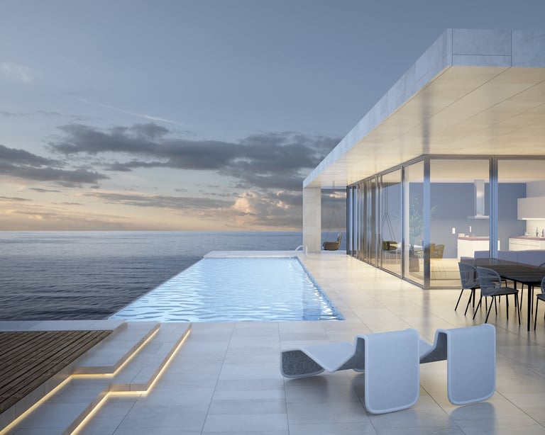3d rendering of a modern villa with infinity pool and sea view in the evening